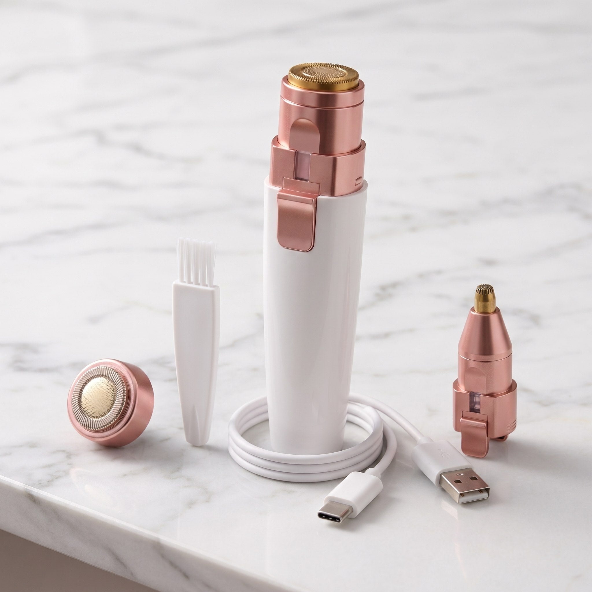 Kit completo del depilador facial 2 en 1: cuerpo, los dos cabezales, cepillo de limpieza y cable USB