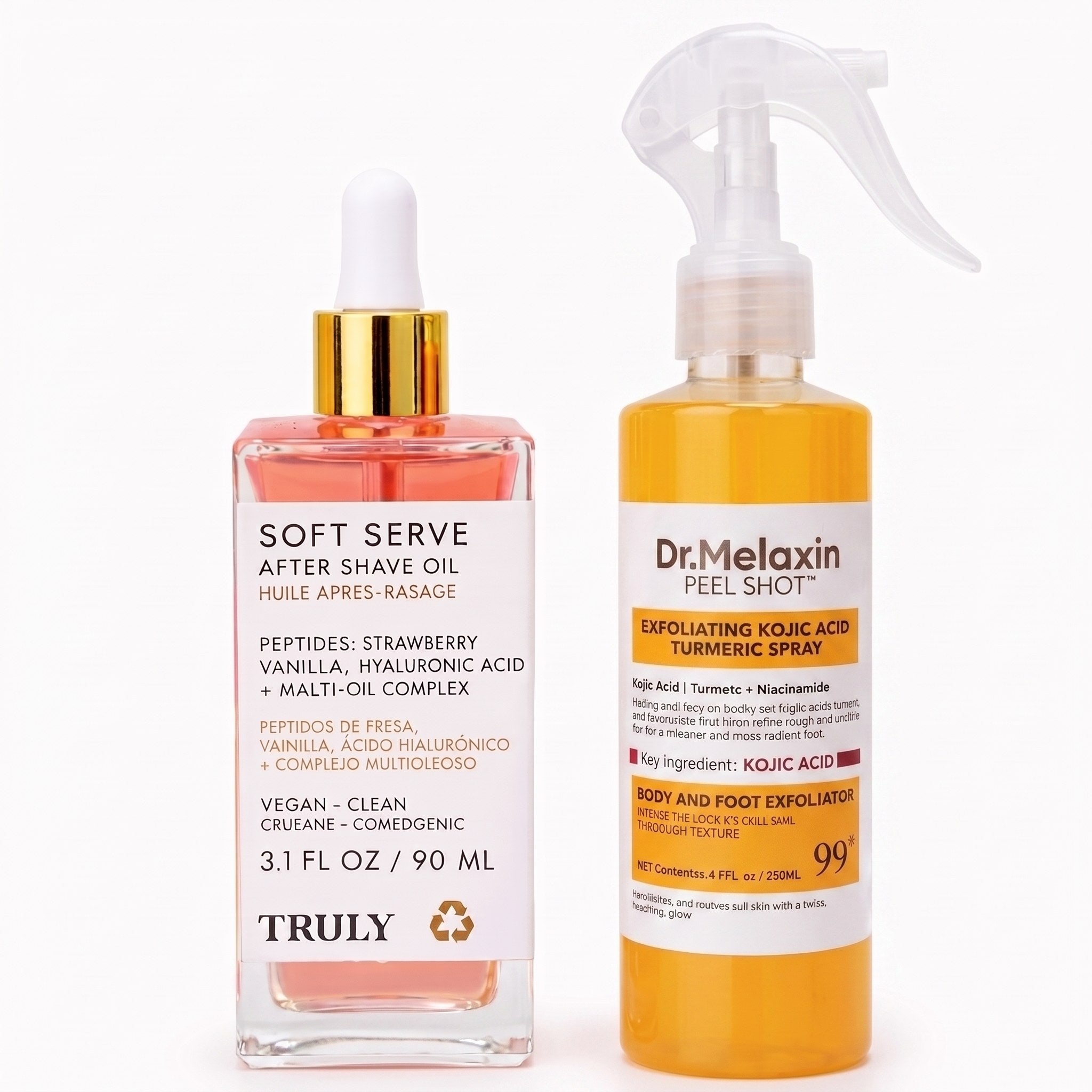 Los dos productos del Kit Piel Suave: aceite TRULY Soft Serve y spray Dr. Melaxin Peel Shot